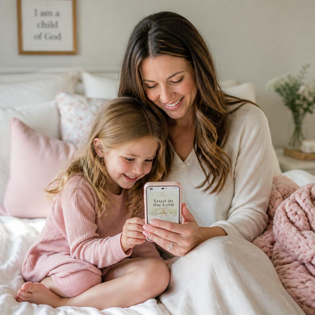 Mãe cristã fazendo o devocional com a filha no celular