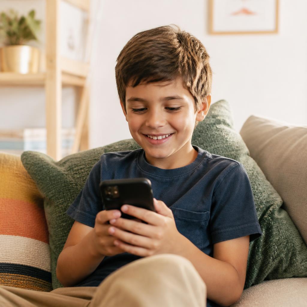 Menino sorrindo enquanto usa o aplicativo Biblix no celular